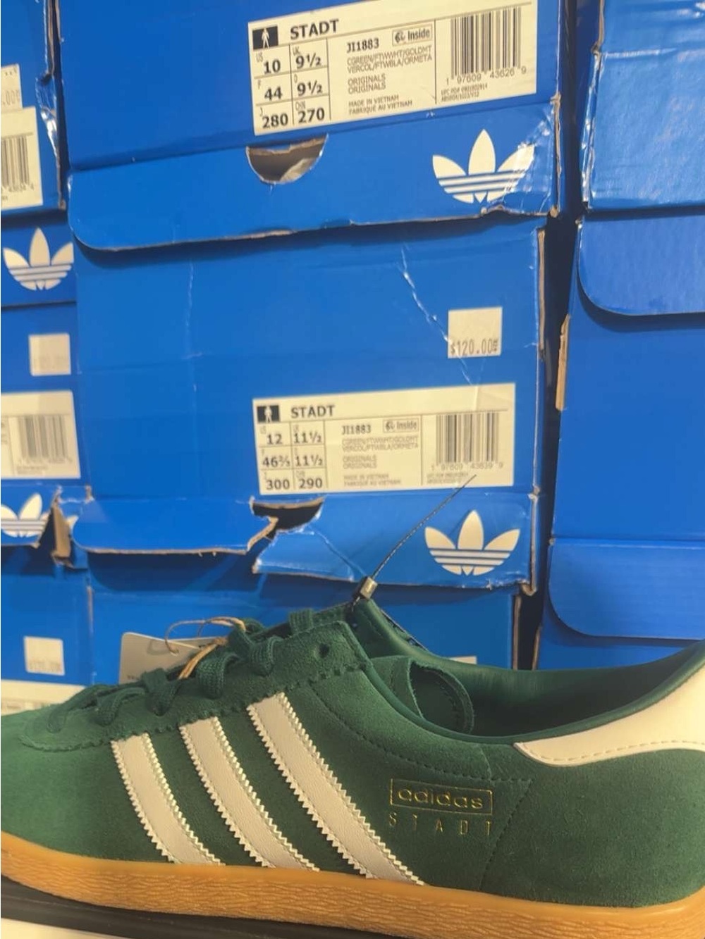 adidas Green Suede Sneakers with White Stripes and Gum Sole